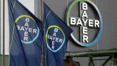 Logo and flags of Bayer AG are pictured outside a plant of the German pharmaceutical and chemical maker in Wuppertal