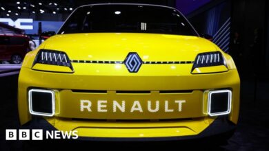 A Renault R5 hybrid is displayed at a motor show in Brussels, Belgium.