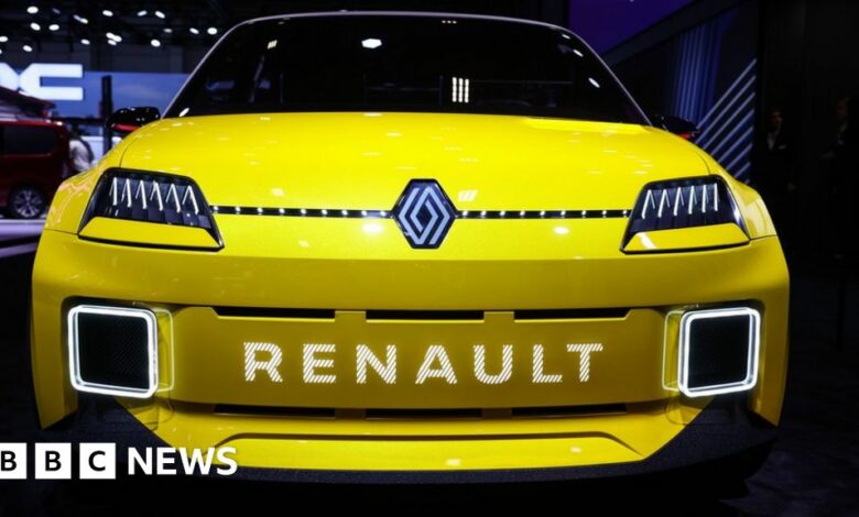 A Renault R5 hybrid is displayed at a motor show in Brussels, Belgium.